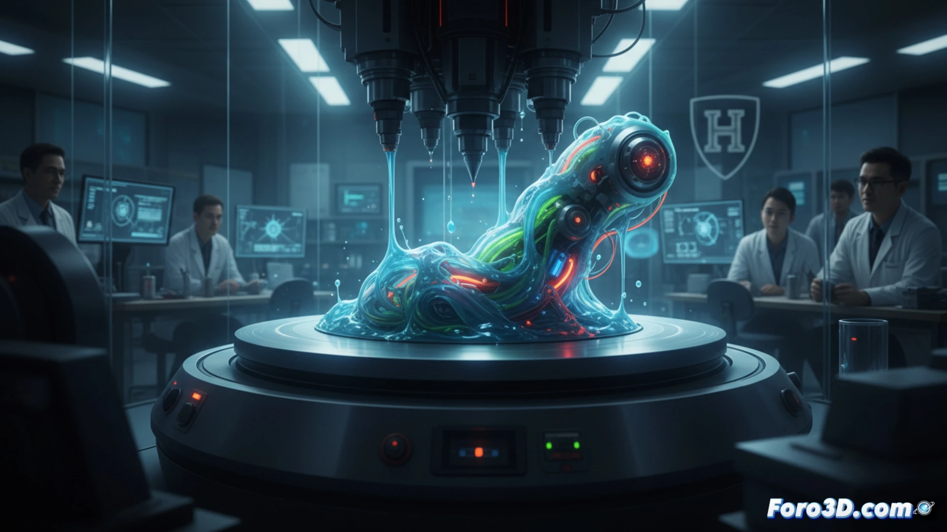 Un brazo robótico flexible, con sensores y actuadores integrados, siendo impreso en 3D en un proceso rotativo continuo sobre un eje giratorio.