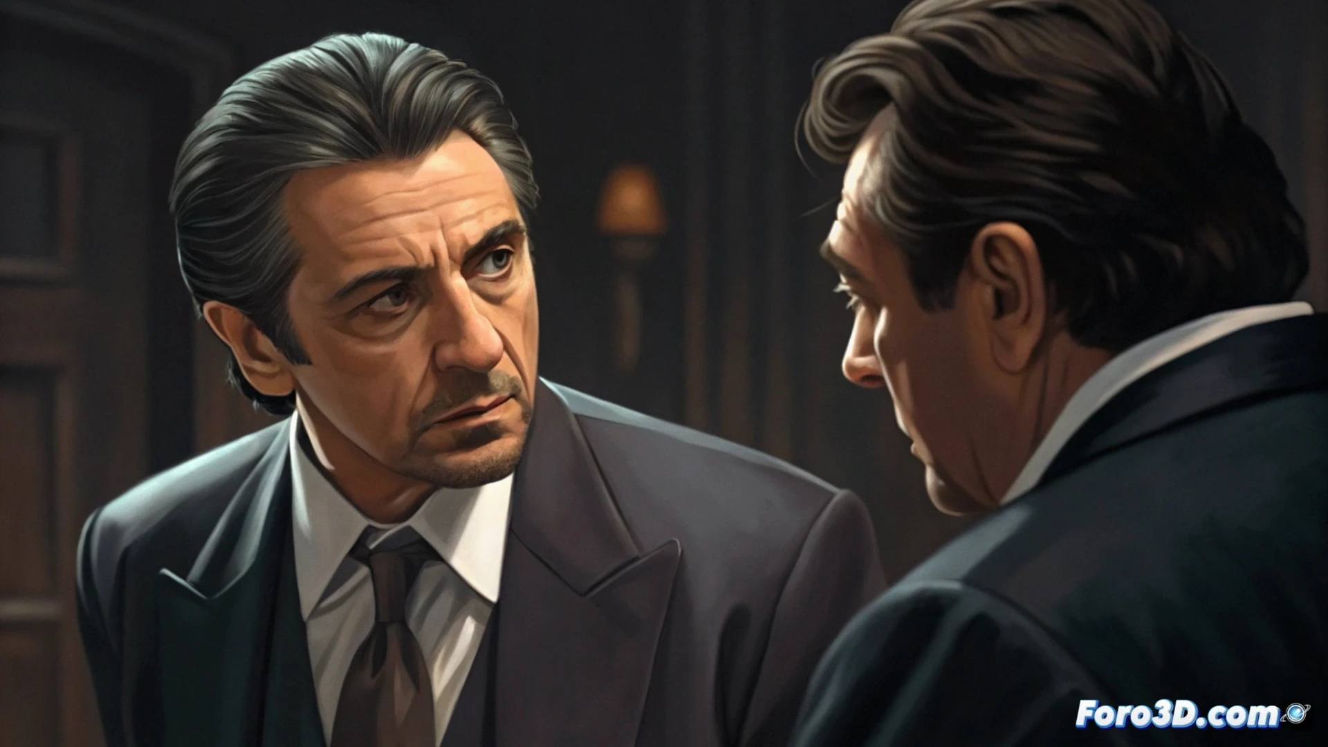 Dos siluetas frente a frente, separadas por una mesa en un café nocturno. La tensión entre el detective y el ladrón es palpable en el aire.