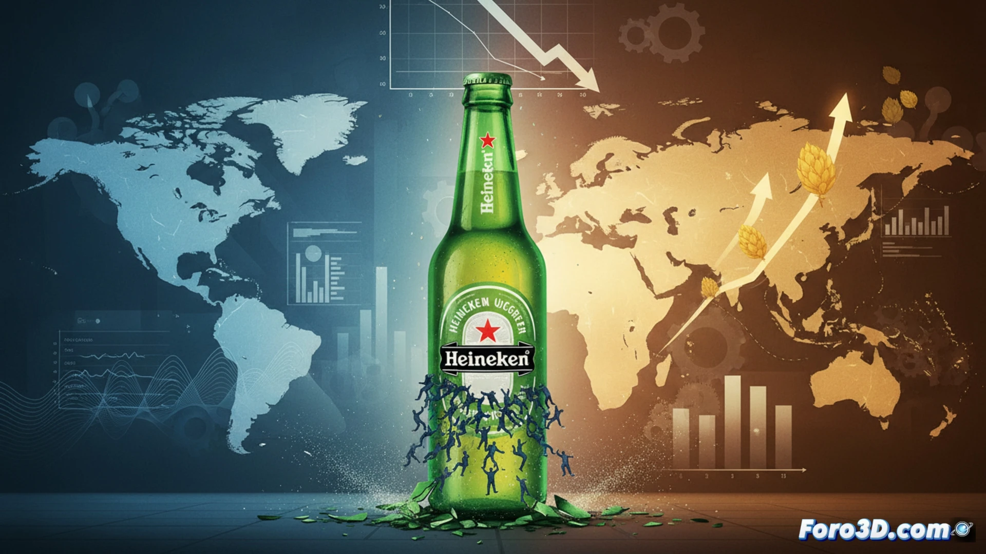 Una oficina corporativa con gráficos en caída junto a un escritorio vacío y una botella de Heineken. Al fondo, un mapa muestra mercados en declive y otros en crecimiento.