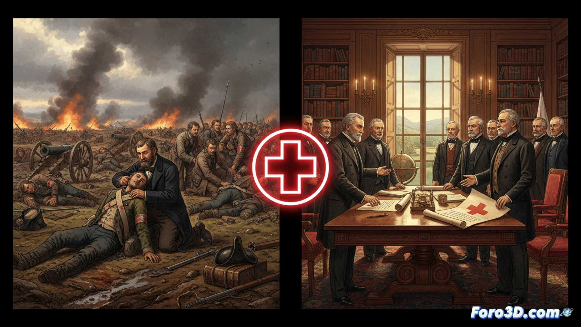 Henri Dunant observa el campo de batalla de Solferino, su mirada refleja la determinación que llevaría a fundar la Cruz Roja y el derecho humanitario.