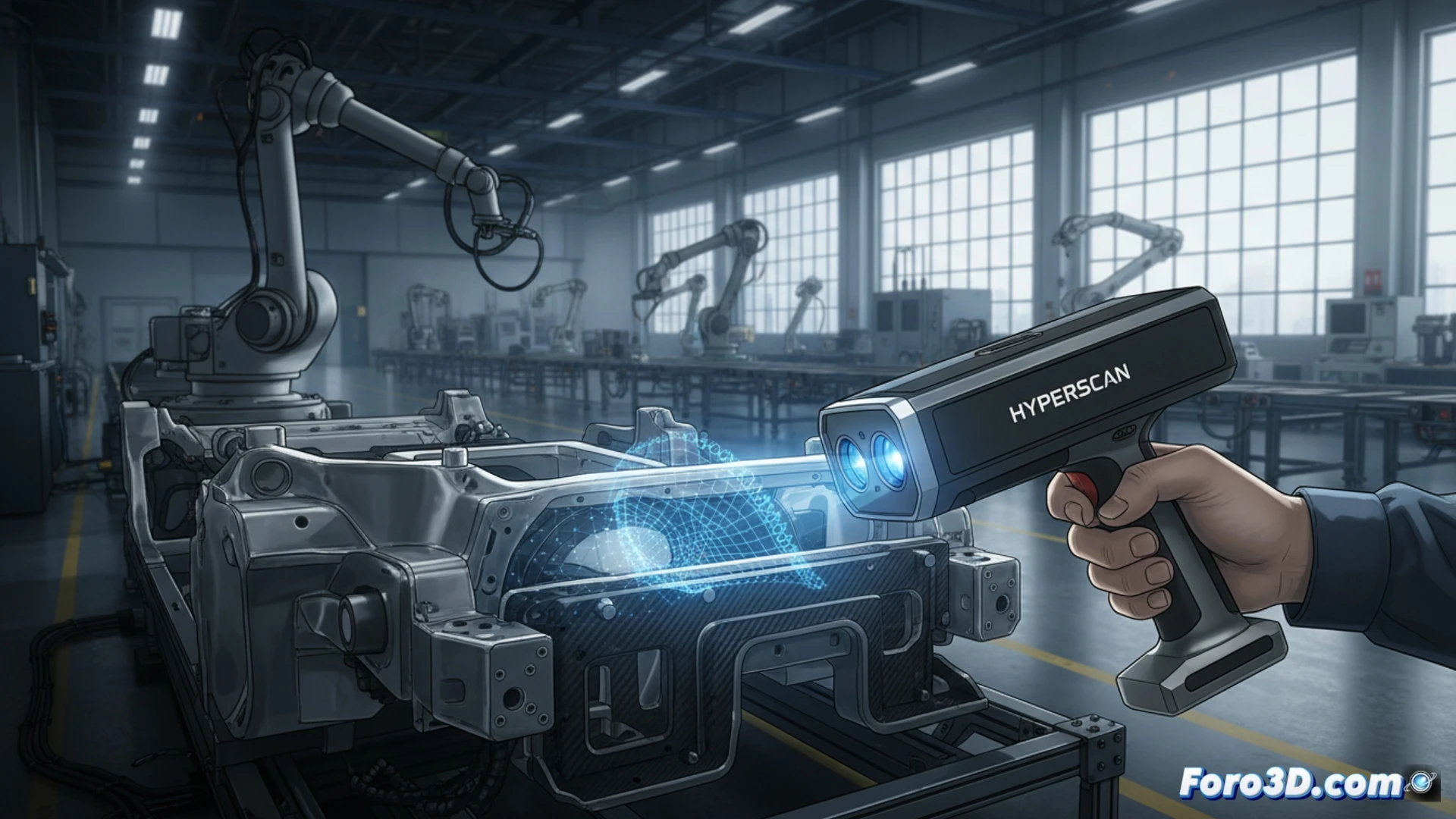 Un técnico escanea una pieza aeroespacial grande con un dispositivo portátil, sin marcadores visibles, en un entorno industrial moderno.