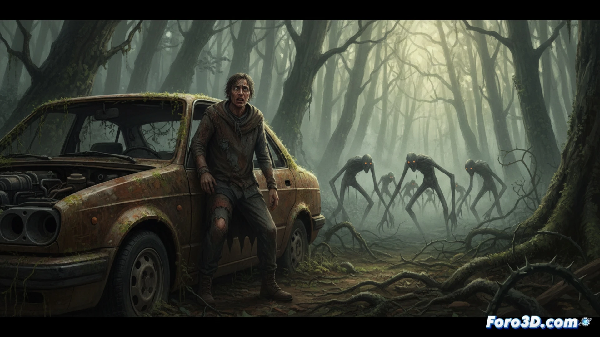 Captura de pantalla del videojuego Hordes of Hunger mostrando un personaje en un entorno boscoso y decadente al atardecer, con una estructura improvisada y una interfaz de usuario de supervivencia visible.