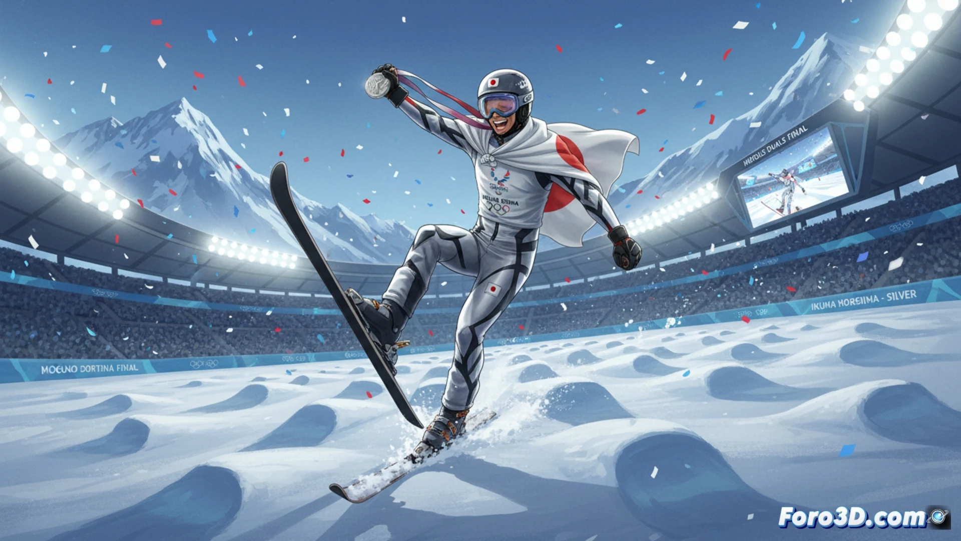 Esquiador japonís deslizándose con potencia entre moguls, en paralelo a su rival, durante la final olímpica de esquí libre.