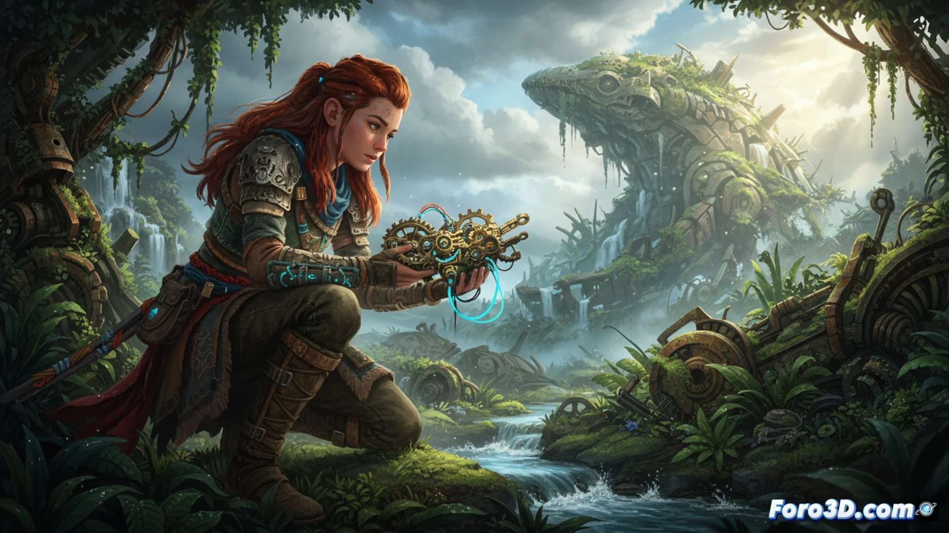 Captura de pantalla del videojuego Horizon Forbidden West mostrando a la protagonista Aloy en un entorno selvático denso y detallado, con efectos de iluminación cáustica en el agua y vegetación exuberante, ejemplificando las capacidades del motor Decima.