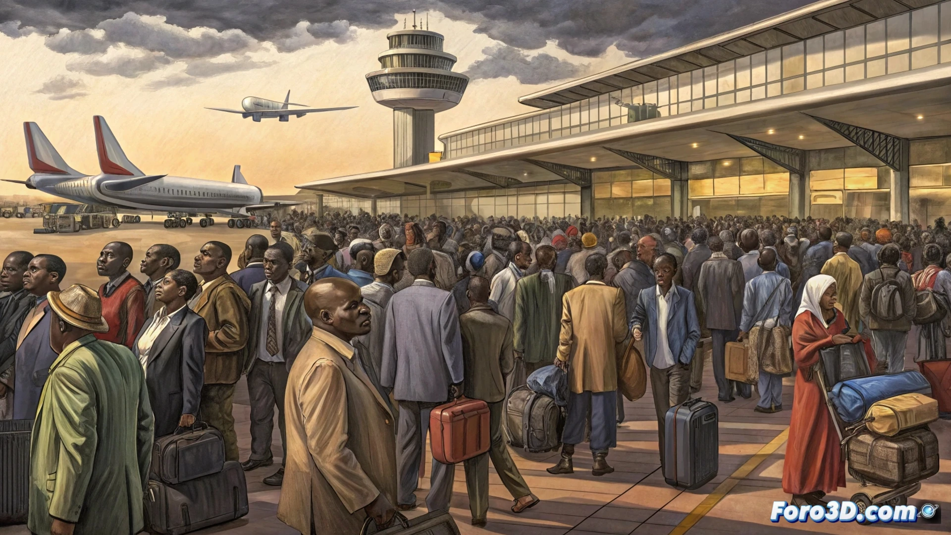 Pasajeros abarrotan mostradores en el aeropuerto de Nairobi, con largas colas y maletas acumuladas, mientras la huelga paraliza los vuelos.