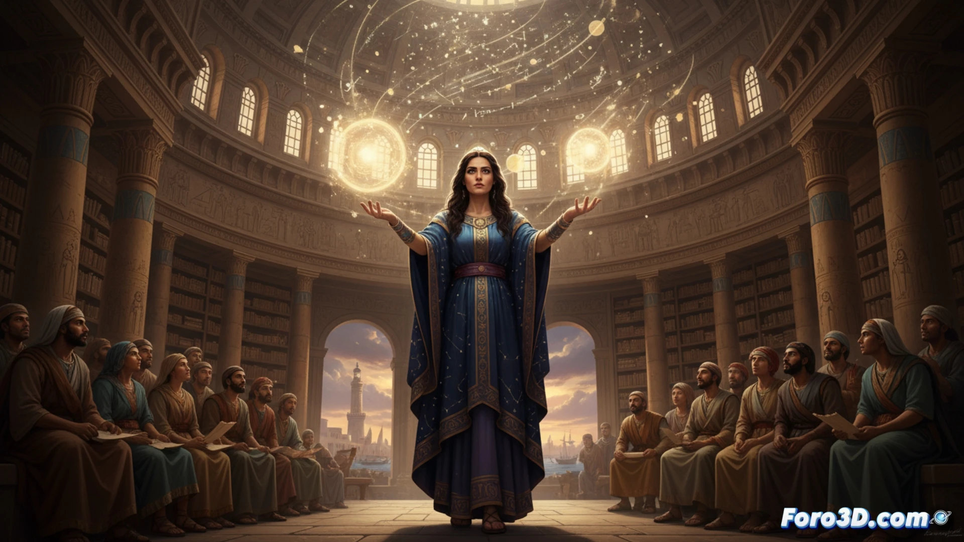 Una Hypatia serena observa las estrellas desde la azotea de la Biblioteca, mientras la ciudad arde en conflictos religiosos a sus pies.