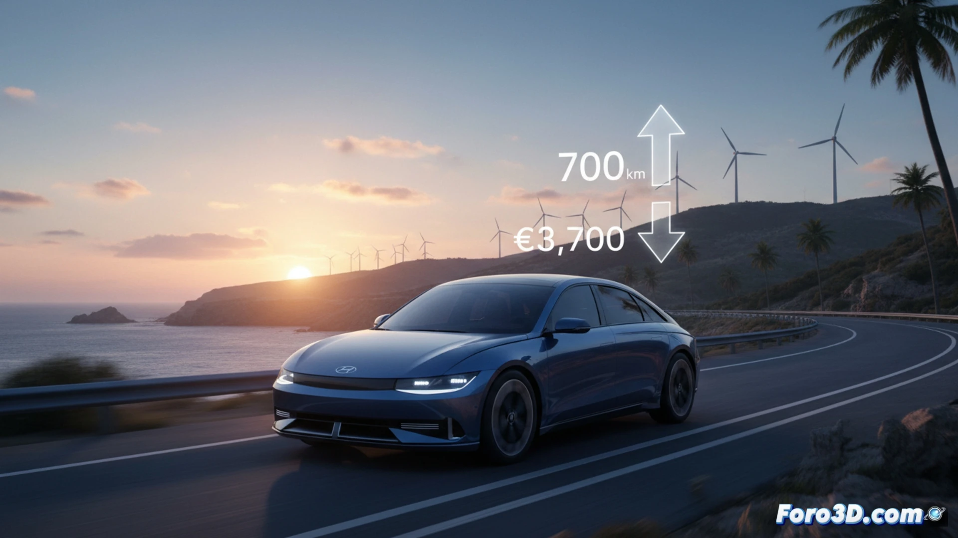 El renovado Hyundai IONIQ 6, un sedán eléctrico con hasta 700 km de autonomía y un diseño aerodinámico futurista, destacando sobre un fondo moderno.