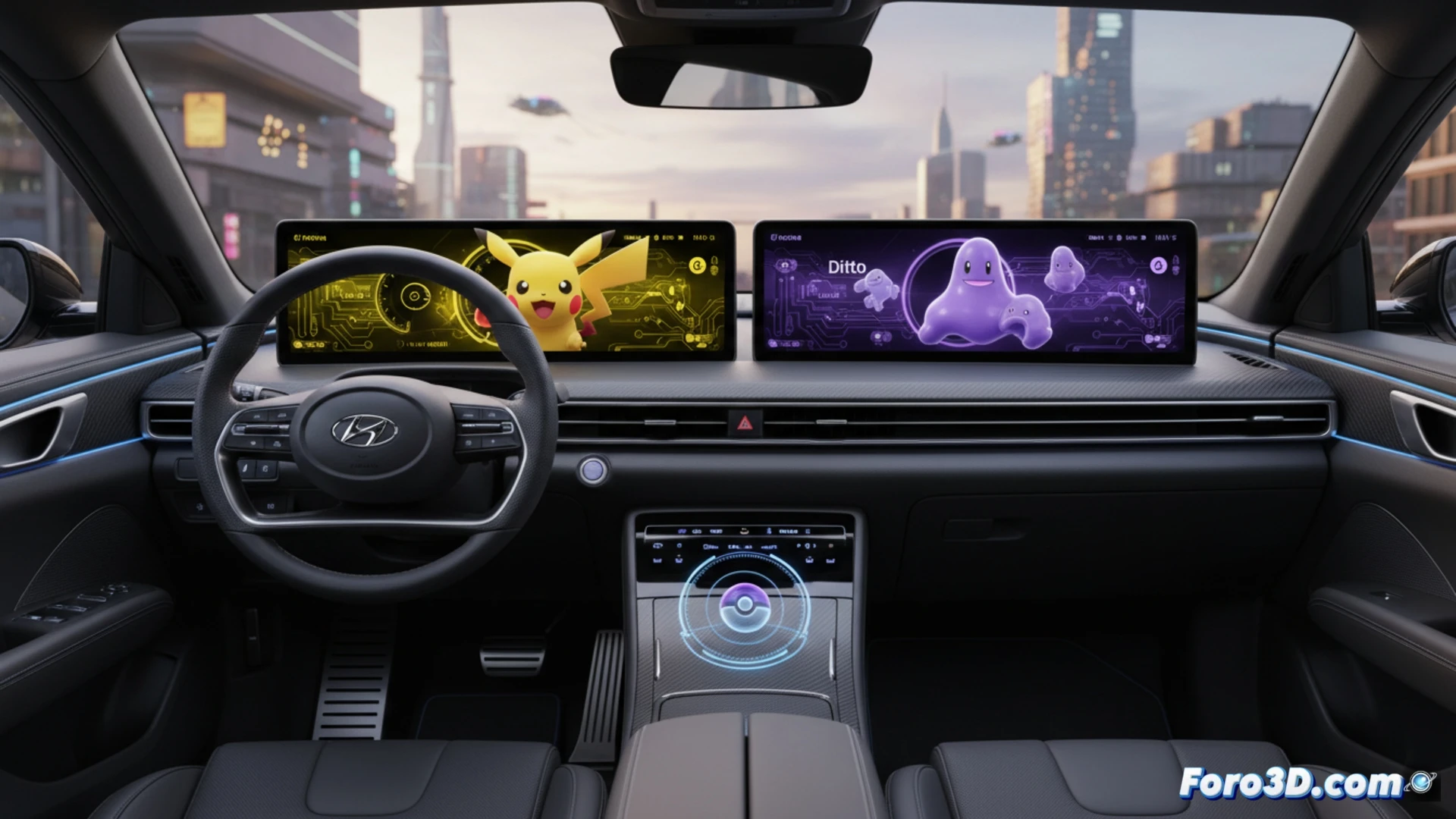 Un salpicadero digital muestra a Pikachu en 3D animado, integrado en la interfaz del coche junto a velocímetros y mapas.