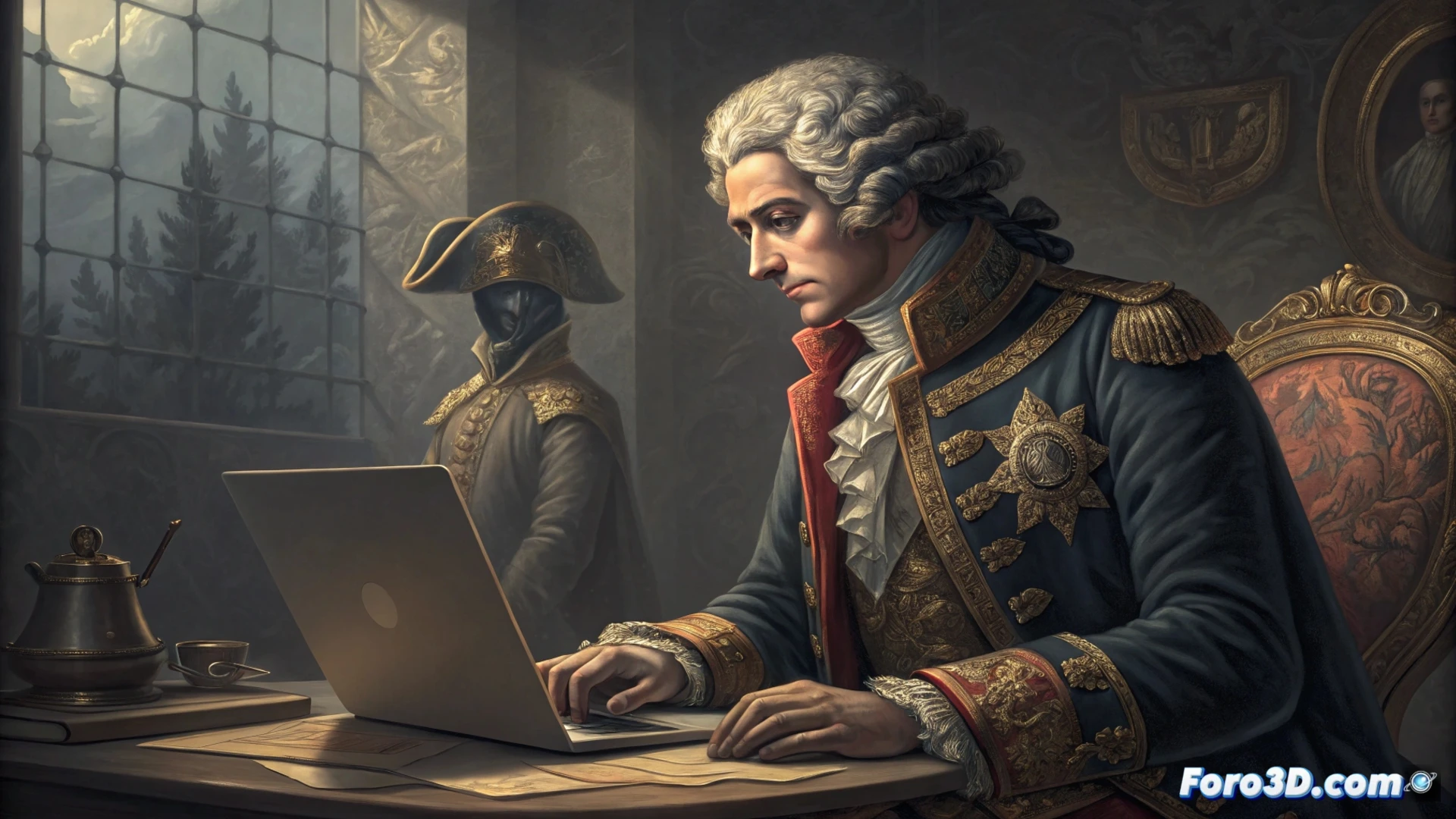 Un rostro andrógino se desdobla en un hombre del siglo XVIII y un avatar digital, conectados por un pasaporte que se transforma en un escudo de datos.