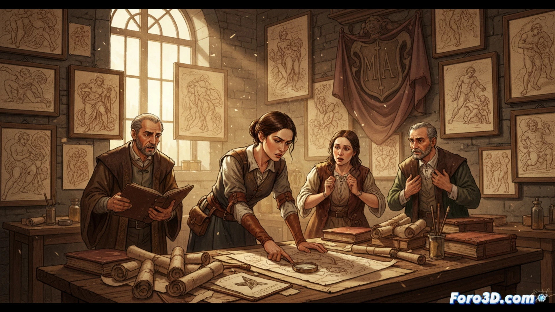 Un investigador examina antiguos bocetos en un archivo, rodeado de documentos históricos que revelan dibujos inéditos atribuidos a Miguel Ángel.