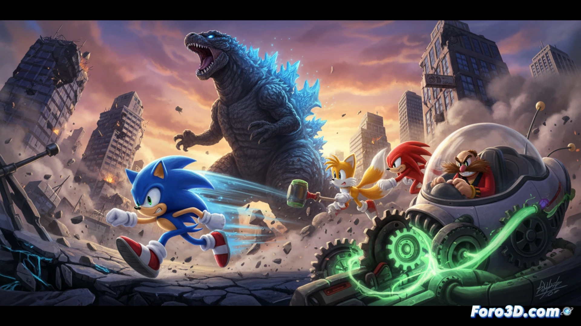 Sonic y sus amigos corren entre rascacielos, mientras Godzilla emerge rugiendo. El Dr. Eggman observa, sonriendo, desde su nave.