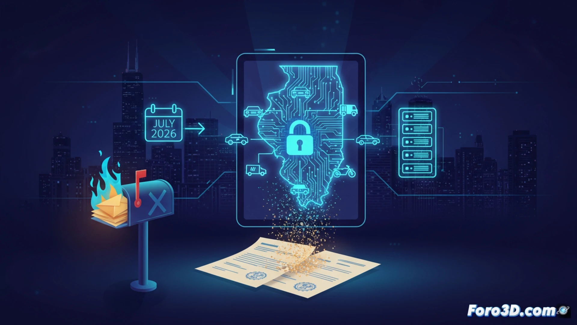 Un empleado muestra una pantalla con un título digital de vehículo, mientras un título de papel se desvanece en el fondo.