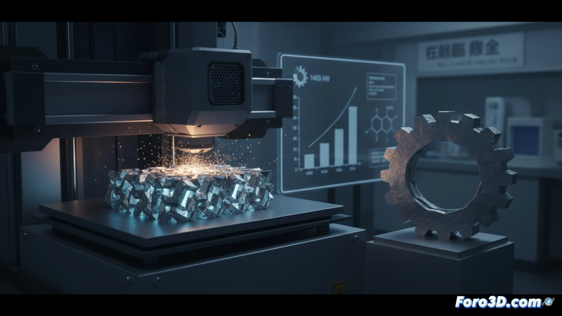 Un dispositivo de impresión 3D deposita un polvo metálico gris oscuro, formando una pieza geométrica compleja. Un haz láser selectivo la sinteriza sin fundirla completamente, creando una estructura densa y ultradura bajo una luz azulada de precisión.