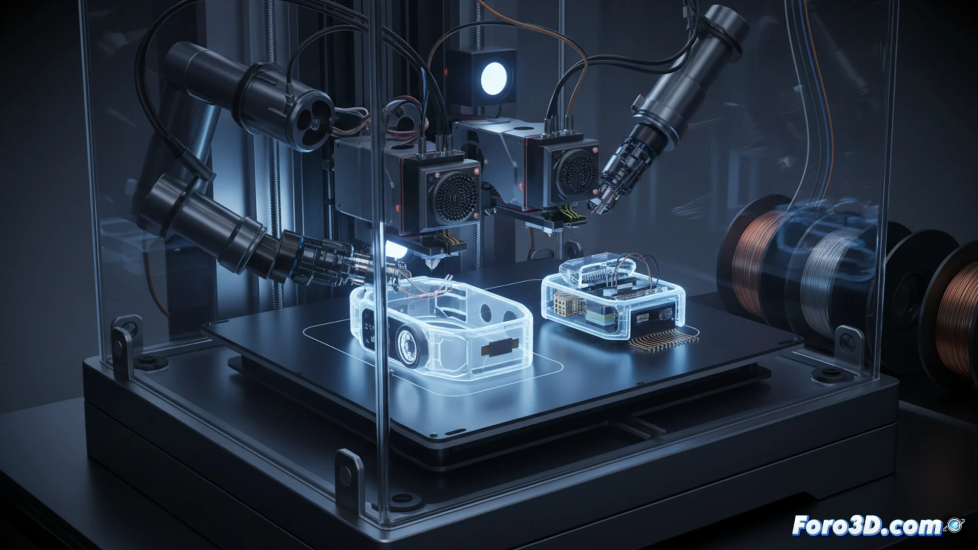 Impresora 3D creando un dispositivo completo: carcasa, circuitos y componentes electrónicos integrados en un solo proceso continuo.