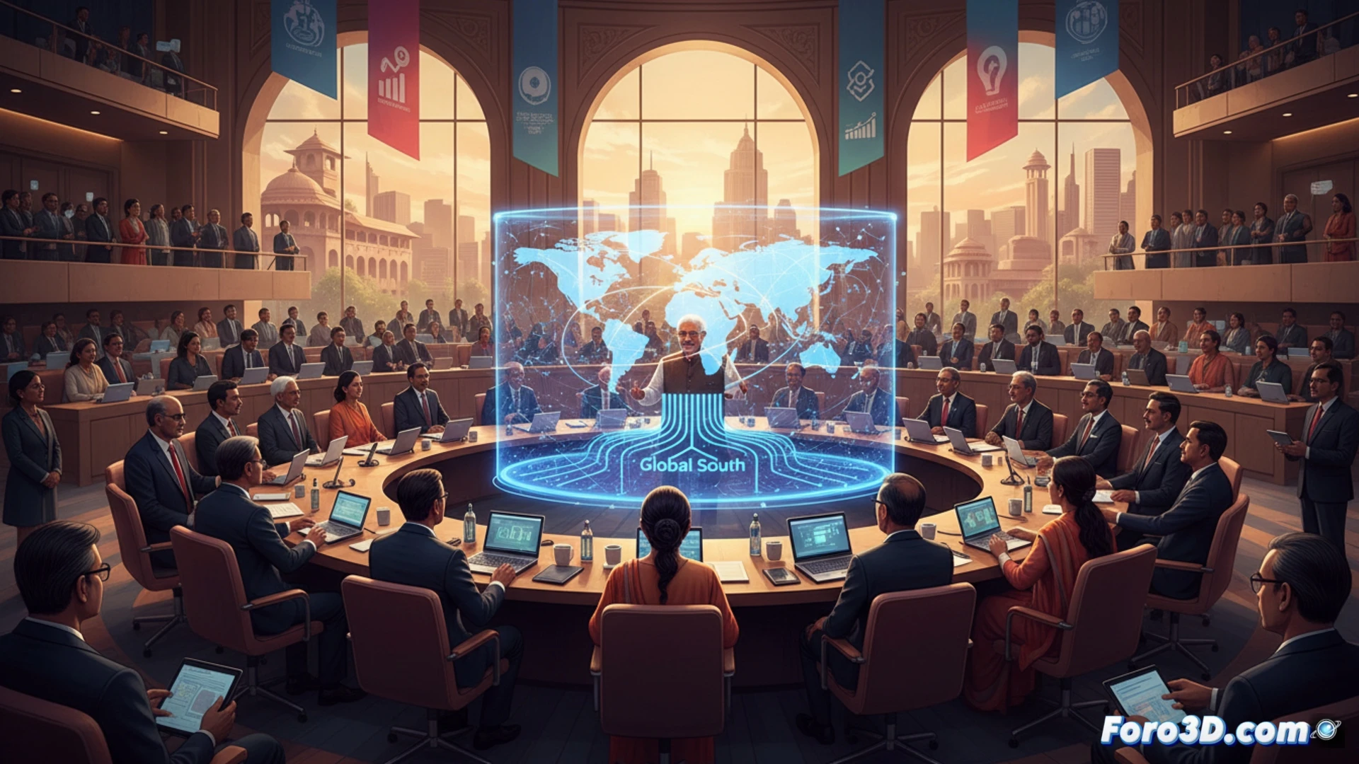 Líderes mundiales en un escenario futurista, con símbolos indios y globos terráqueos digitales, reflejando la cumbre de IA en Nueva Delhi.