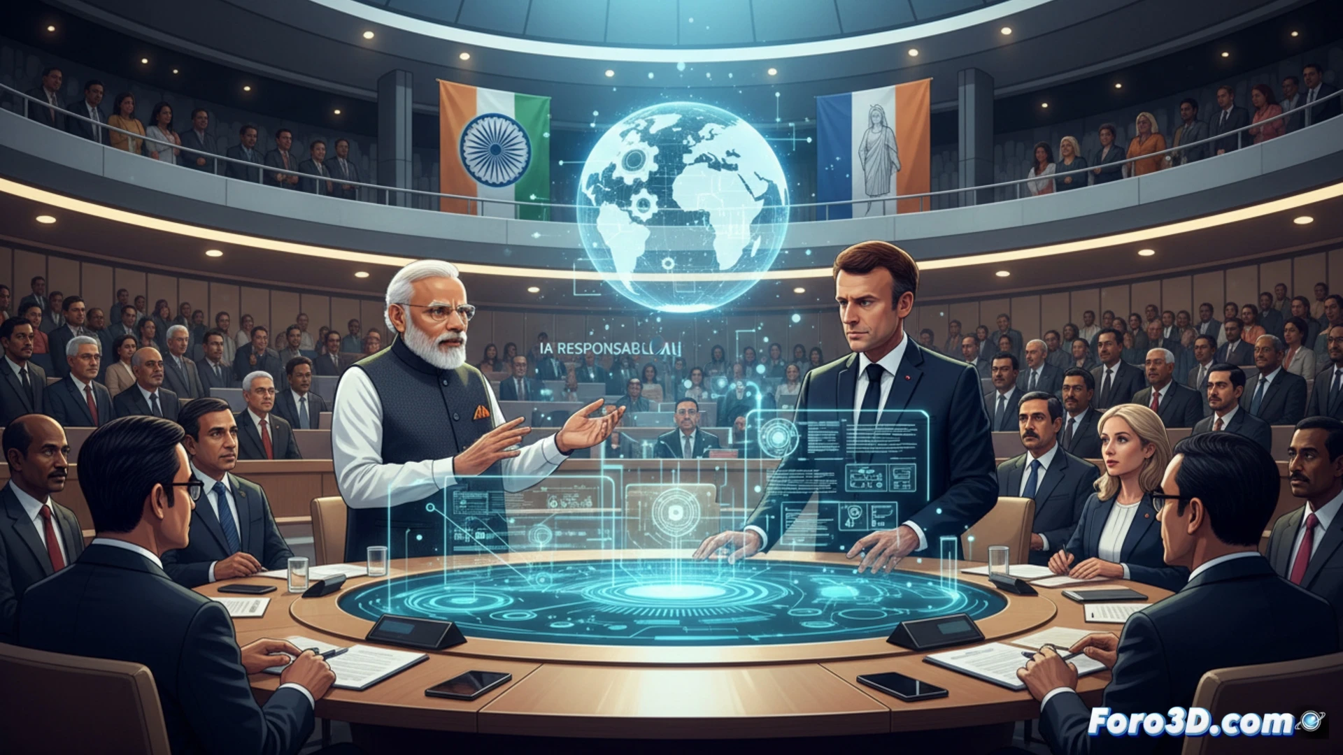 Cumbre en Nueva Delhi: Modi y Macron dialogan ante un globo terráqueo digital, simbolizando la cooperación global para una IA ética y regulada.