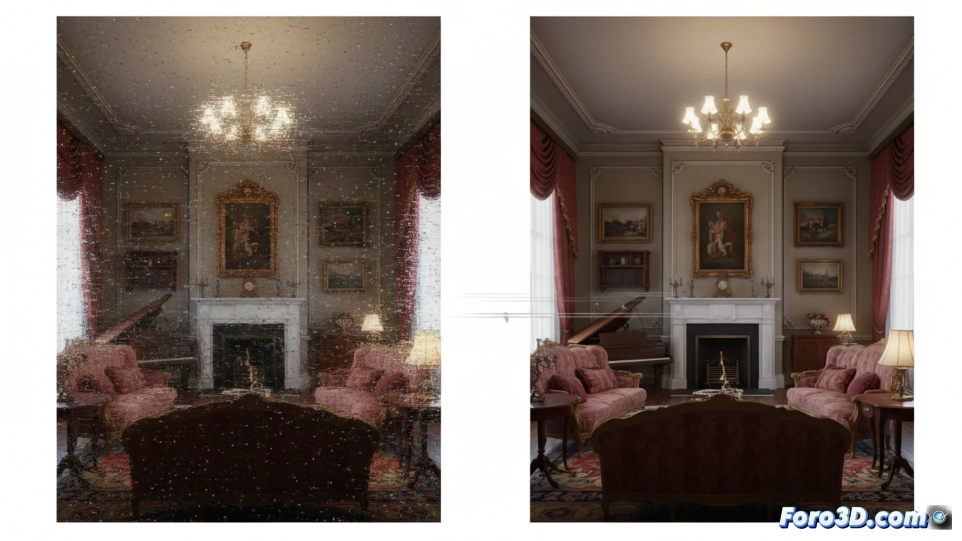 Captura de pantalla o render que muestra una comparativa visual entre una secuencia animada con ruido y parpadeo y la misma secuencia procesada con Open Image Denoise 3, destacando la suavidad y coherencia temporal.