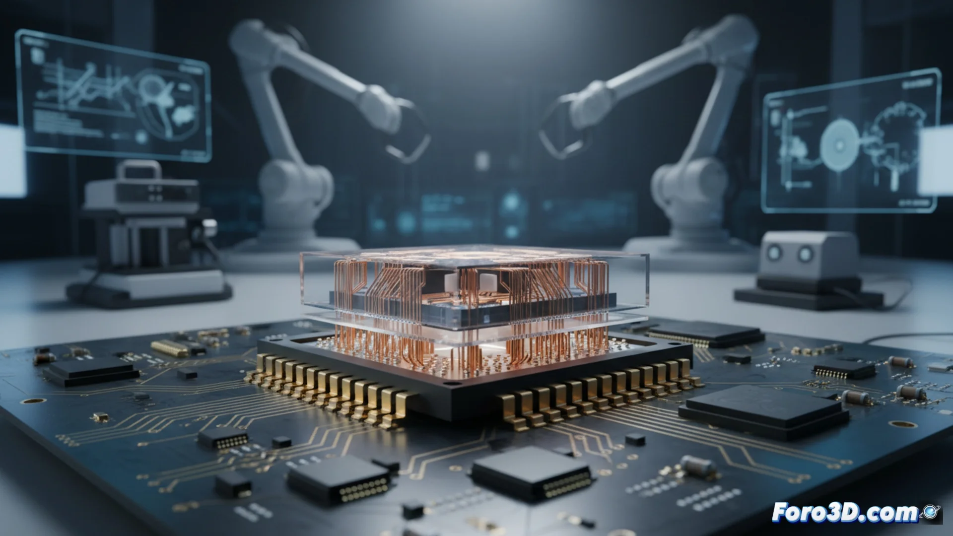 Fotografía o render de un chip de prueba de Intel Foundry, mostrando múltiples componentes y capas integradas, sobre un fondo tecnológico.