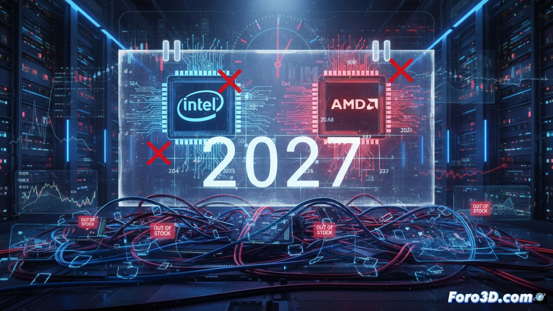 Un calendario vacío con los logos de Intel y AMD, donde 2027 se destaca en rojo sobre chips de procesador en espera.