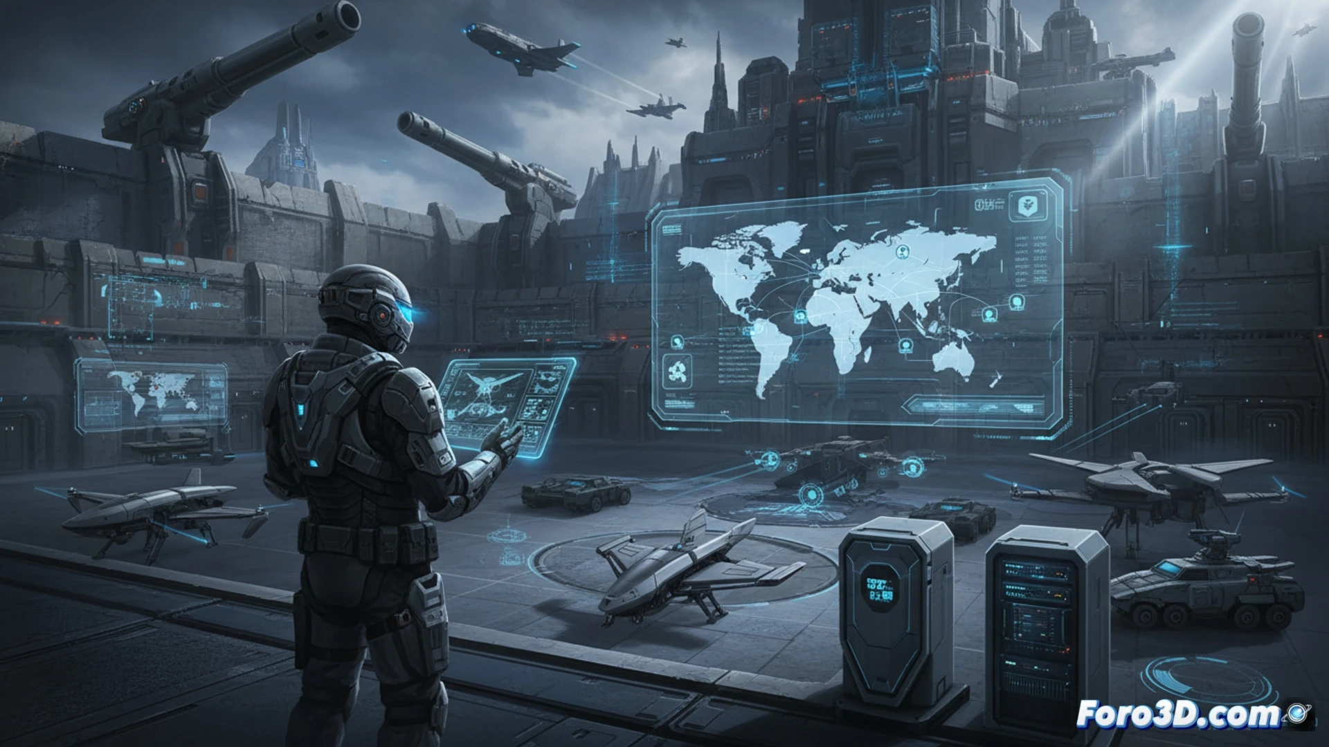 Un soldado observa drones y códigos binarios, símbolos de una nueva era militar que redefine el equilibrio de poder global.