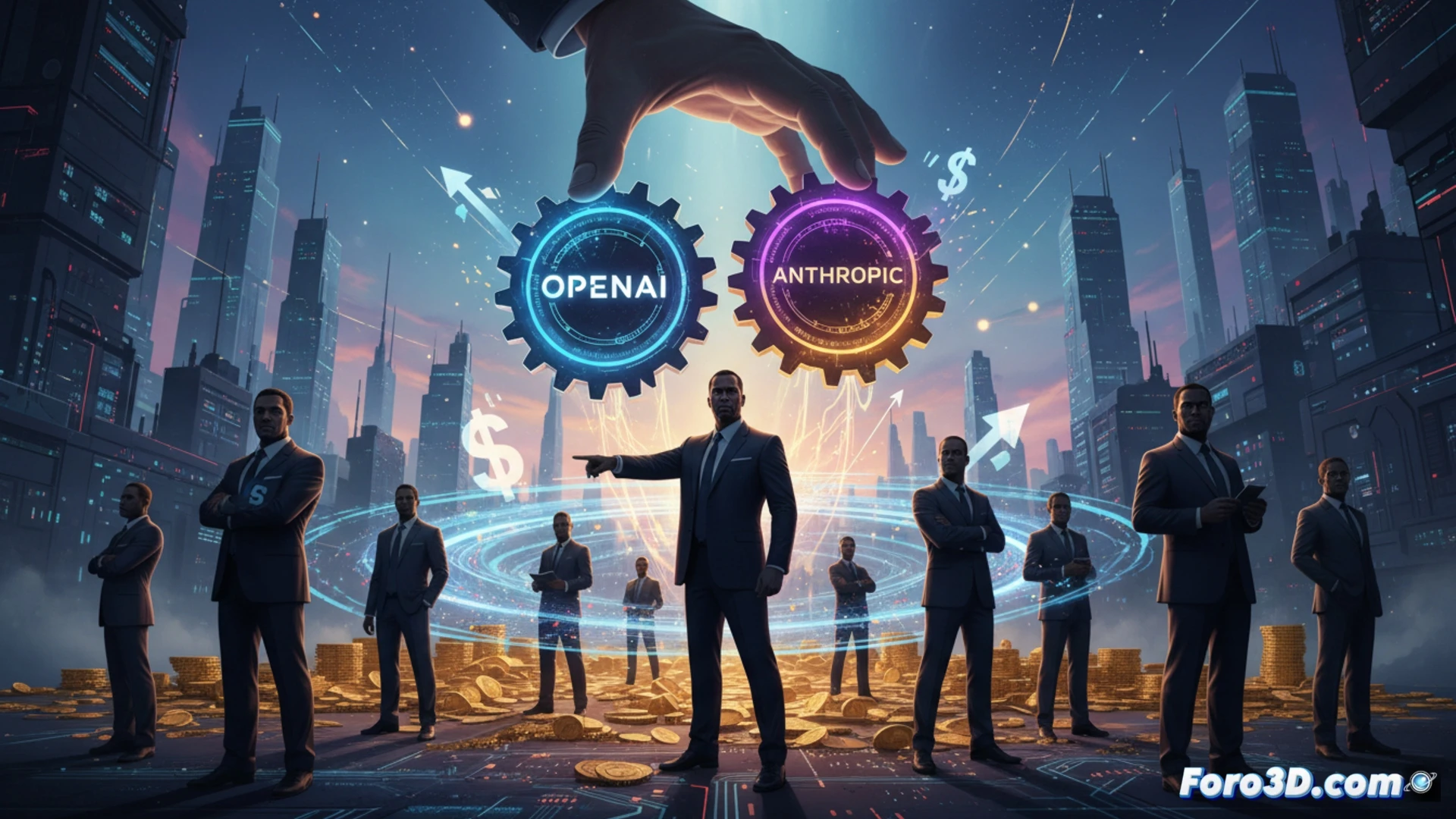 Dos logos, OpenAI y Anthropic, sobre un flujo de monedas de oro que convergen desde fondos de capital riesgo, simbolizando la financiación simultánea masiva.