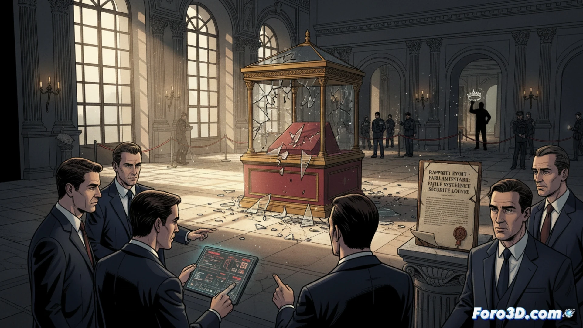 Imagen del Louvre con vitrina vacía y alarmas desactivadas, mientras un informe parlamentario se superpone sobre la fachada del museo.