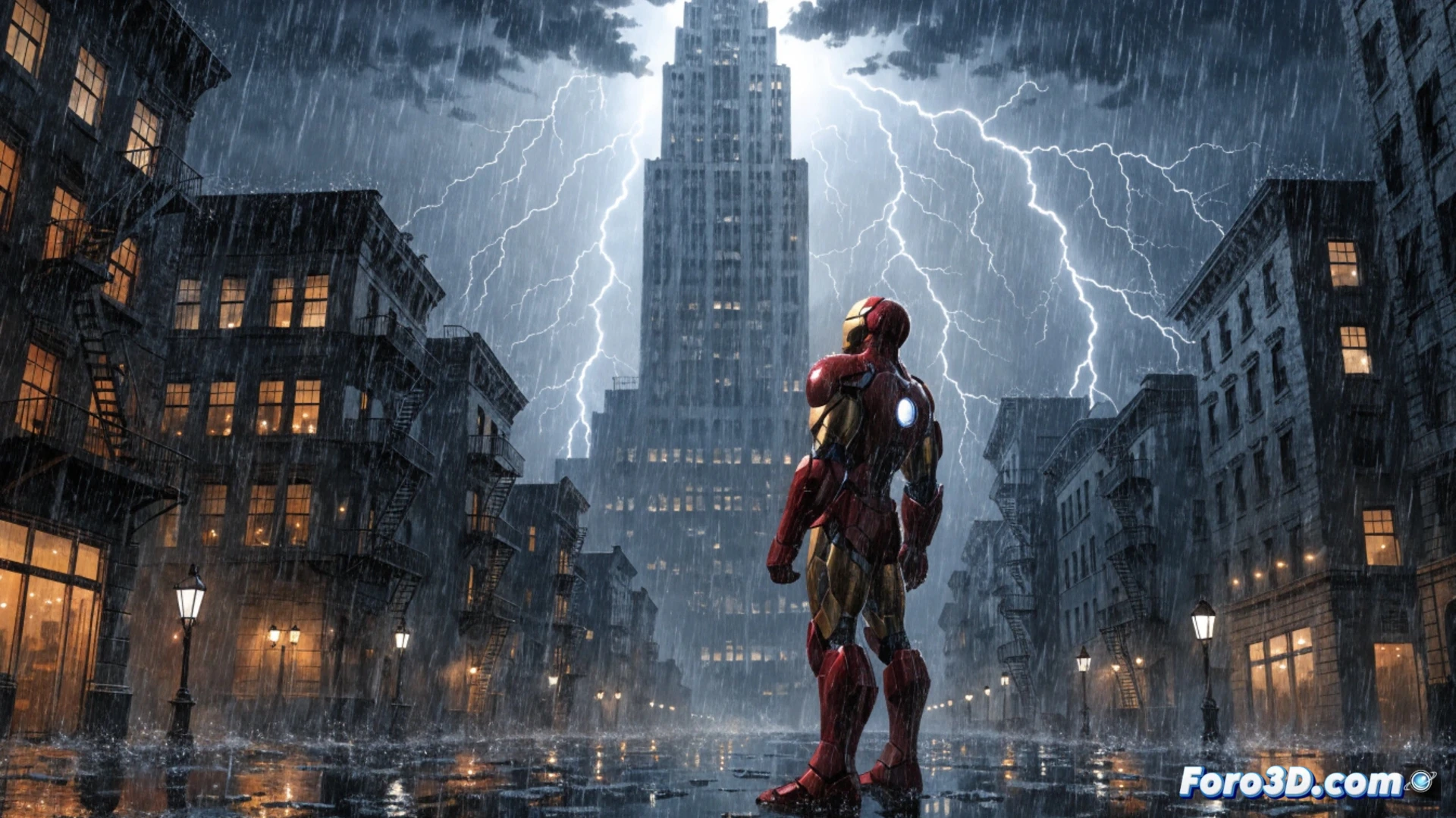 Un Tony Stark reflexivo ante su escritorio, rodeado de planos de armadura y portadas de los cómics 9-14.