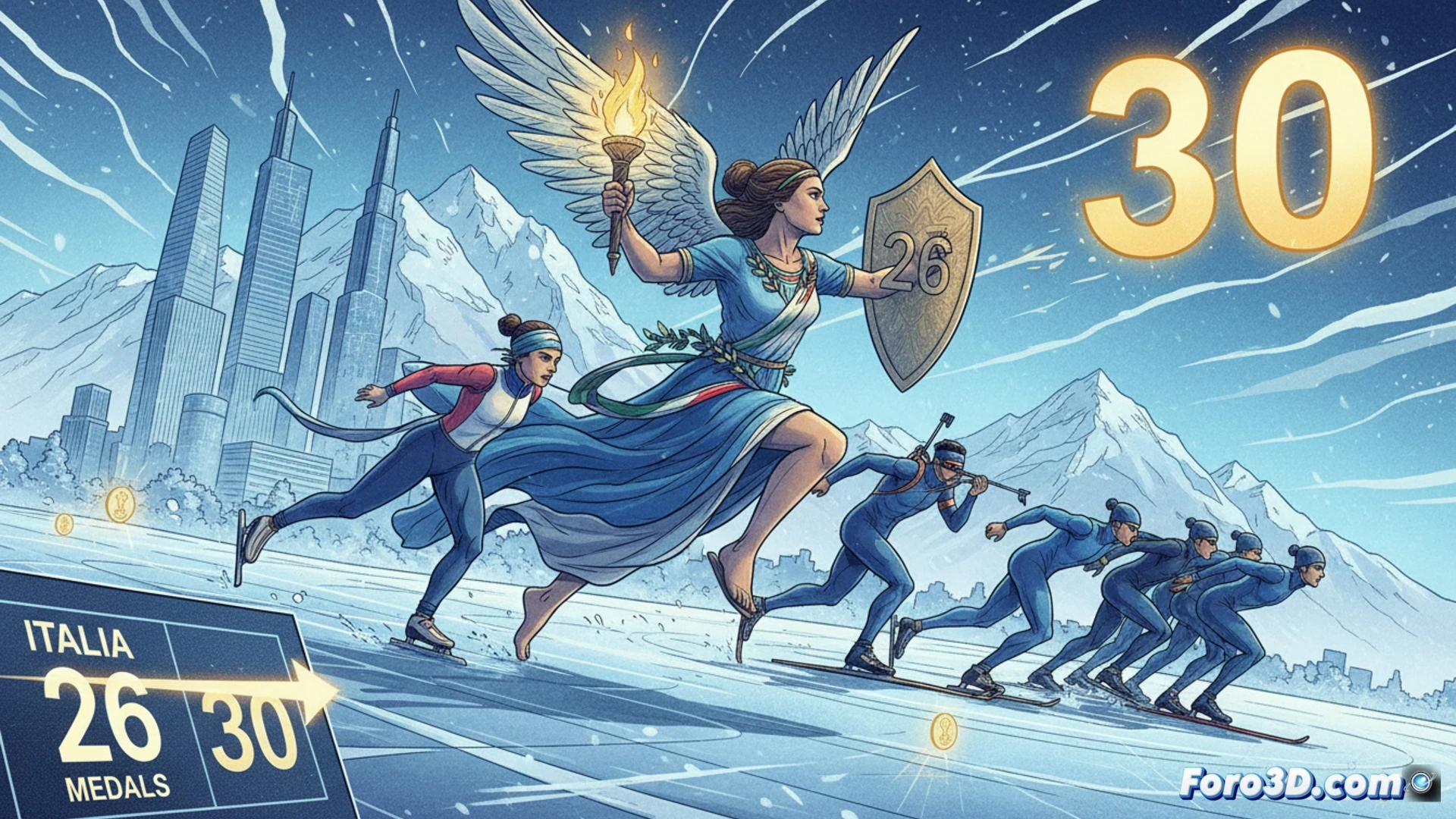 Atletas italianos celebran emocionados en el podio, con el logo de Milano Cortina 2026 y la bandera de Italia de fondo.