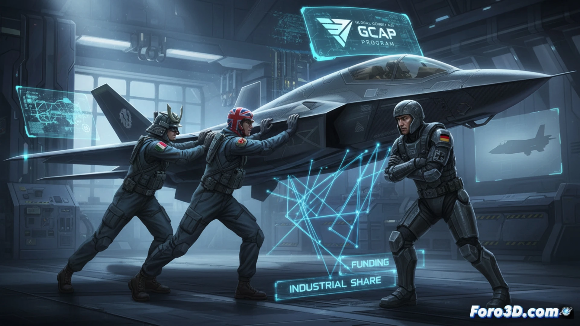 Un mapa con banderas de Italia, Reino Unido y Japón apuntando hacia Alemania, rodeado de iconos de aviones caza, gráficos de financiación y un avión borroso de fondo.