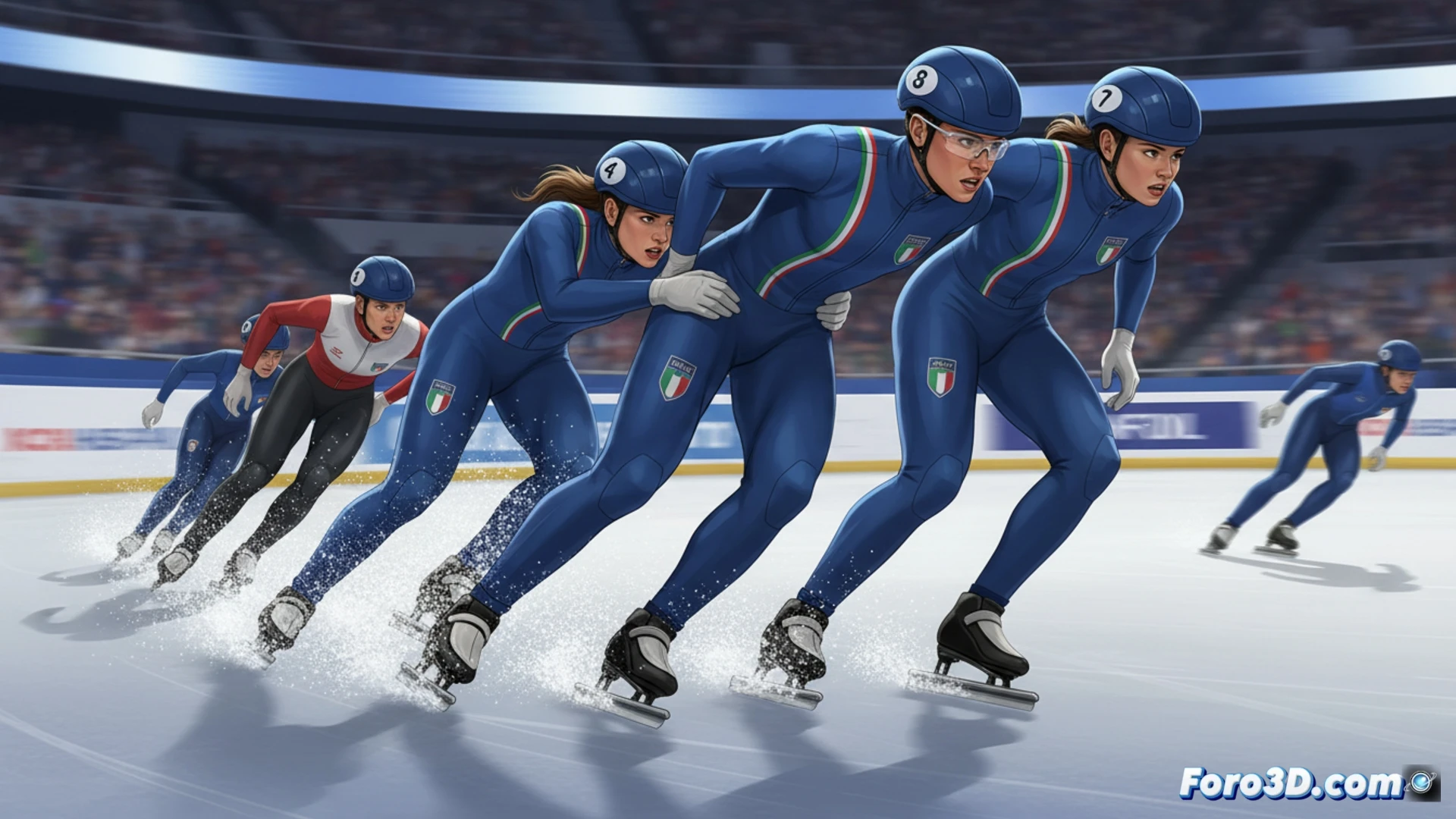 Cuatro patinadores italianos de short track realizan un cambio de relevo en la pista de hielo durante la final de Milano-Cortina 2026