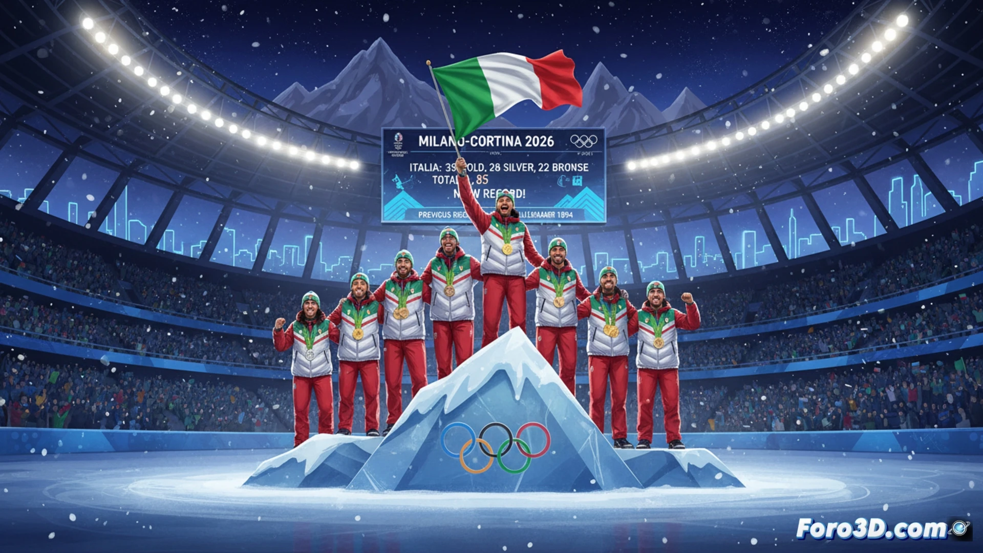 Atletas italianos celebran con banderas tras superar su récord histórico de medallas en Milano-Cortina 2026.