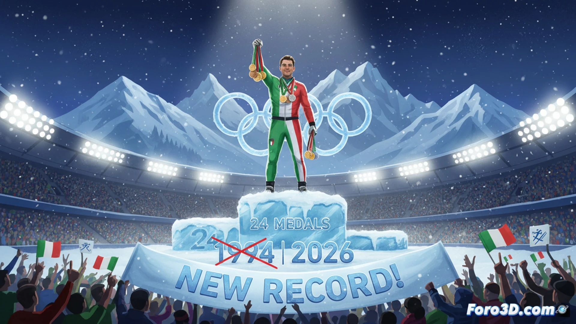 La bandera italiana ondea sobre un podio lleno de medallas, con los Alpes y el estadio olímpico de fondo.