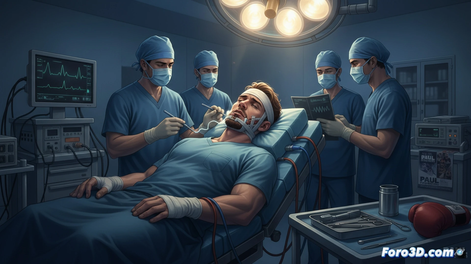 Jake Paul con vendaje facial, revisando radiografías de su mandíbula fracturada en un entorno médico.