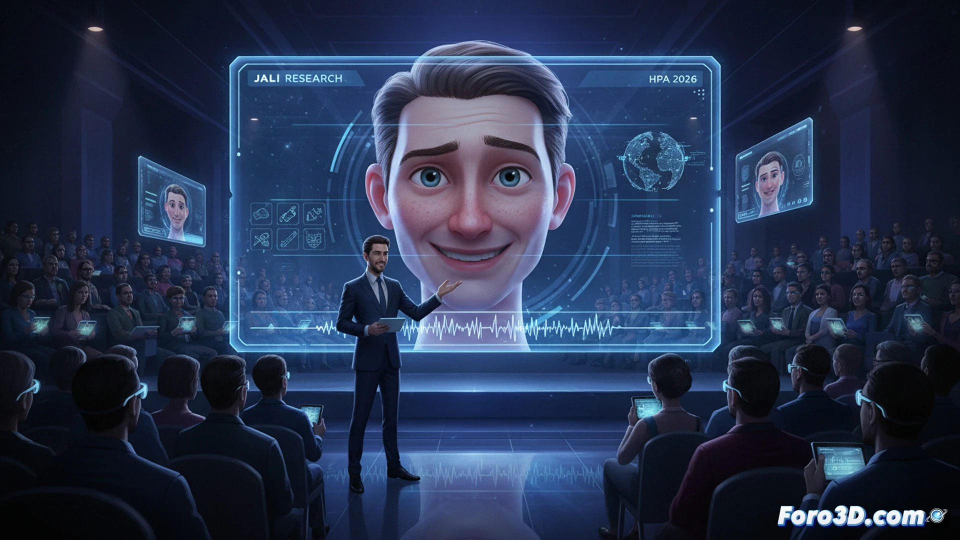 Una interfaz 3D muestra un rostro digital generándose en tiempo real a partir de ondas de audio, ilustrando animación facial automatizada.