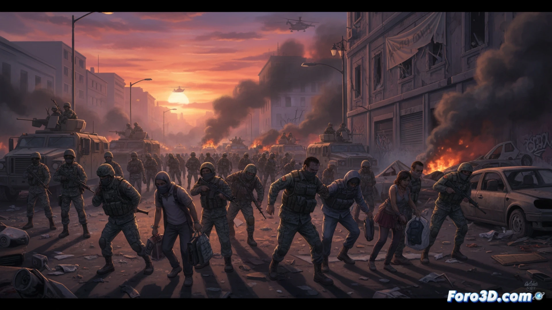 Imagen de militares patrullando calles vacías con comercios saqueados y humo en el fondo, tras disturbios en Jalisco.