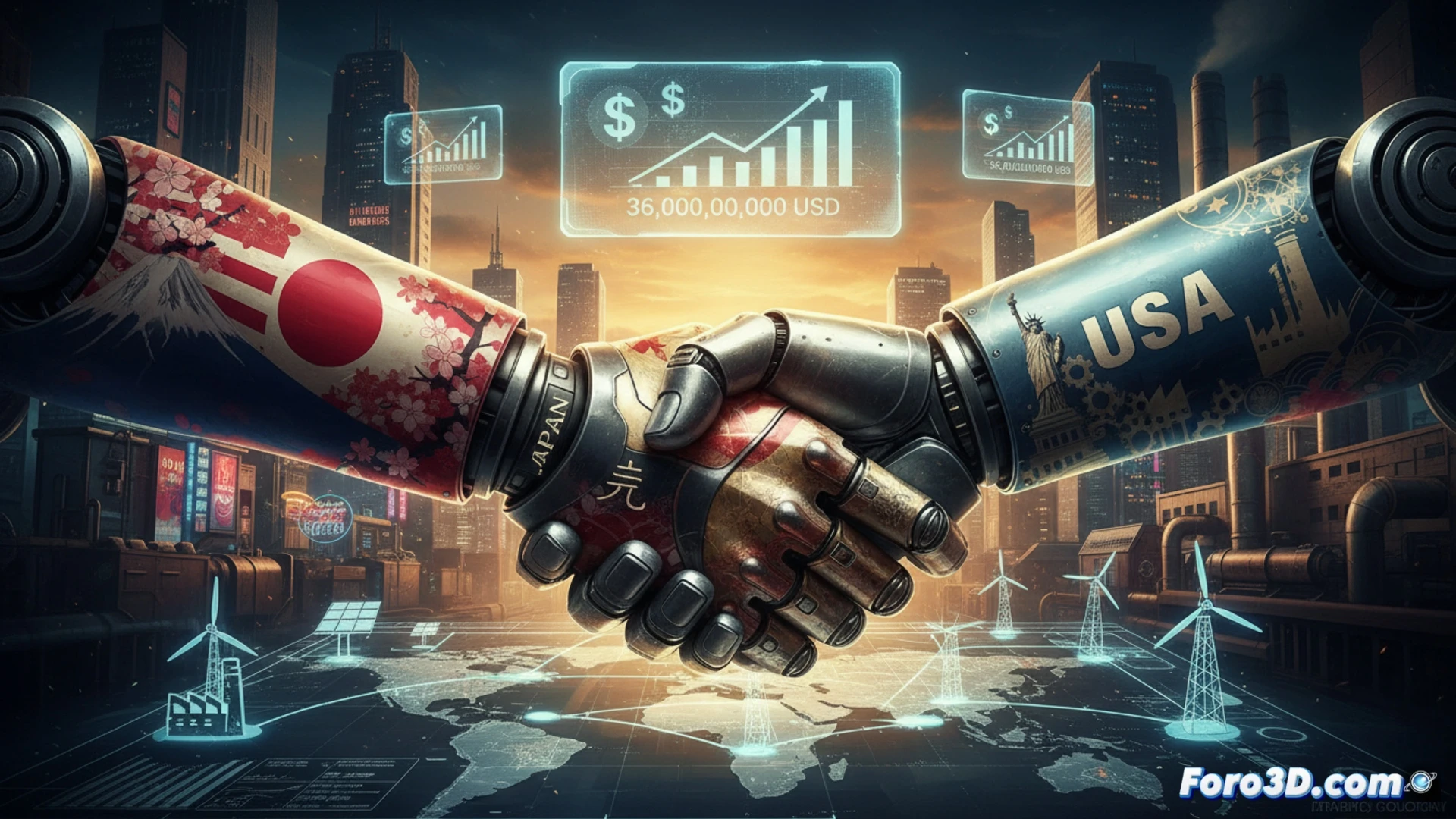 Un mapa EEUU-Japón con iconos de fábricas, paneles solares y oleoductos, conectados por líneas de inversión de 36.000 millones de dólares.