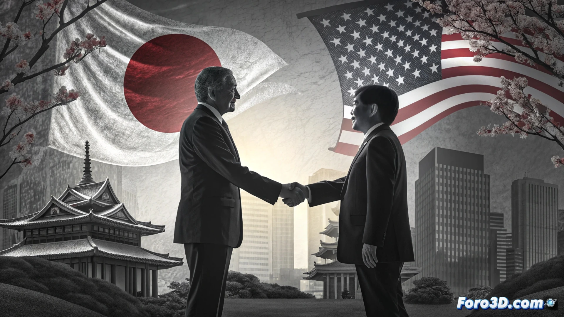 Los ministros Motegi y Rubio conversan en una mesa de reuniones, con las banderas de Japón y EE.UU. al fondo, proyectando unidad y coordinación estratégica.