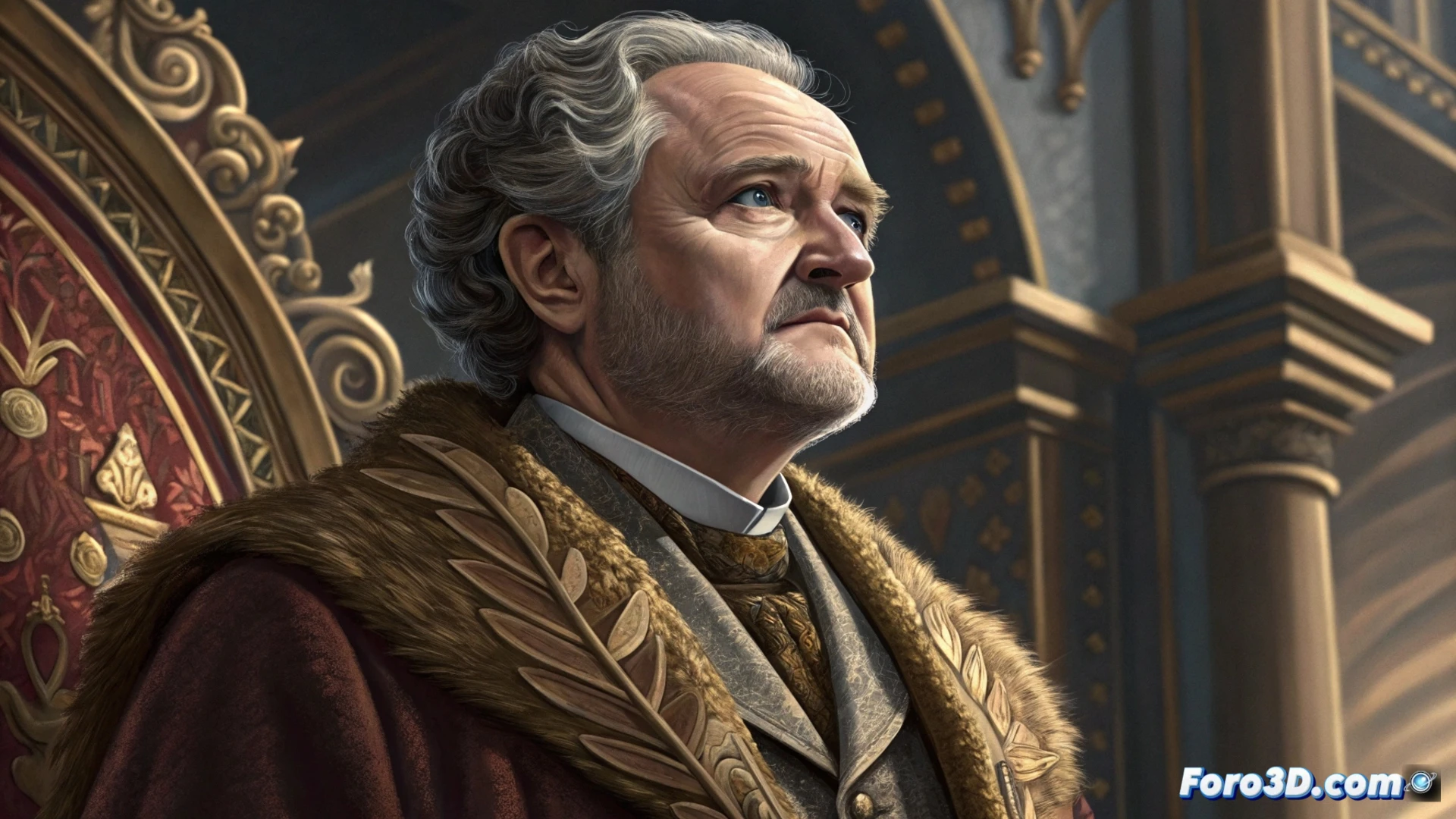 Un Jim Broadbent con gesto solemne, como Bonifer Squoon, en un fondo de animación de fantasía con criaturas aladas y paisajes coloridos.