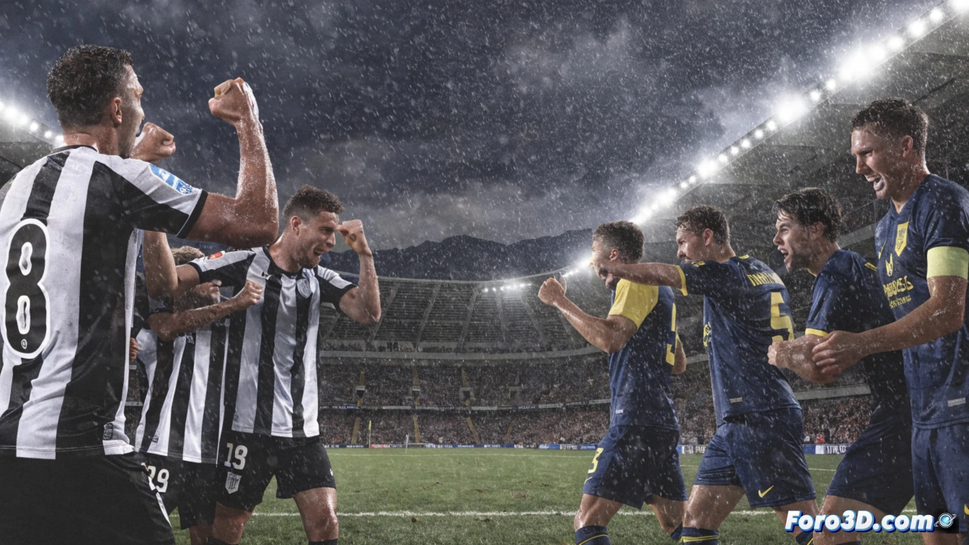 Dos jugadores celebran un gol, con el logo de la Copa del Rey y el marcador de los cuartos de final de fondo.
