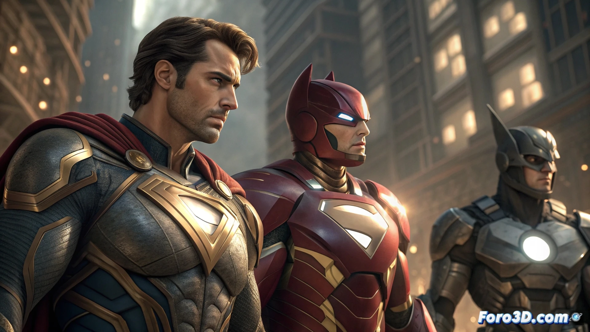 Un épico cómic muestra a Superman y Capitán América liderando a los héroes de DC y Marvel, unidos contra una amenaza cósmica que distorsiona la realidad tras ellos.