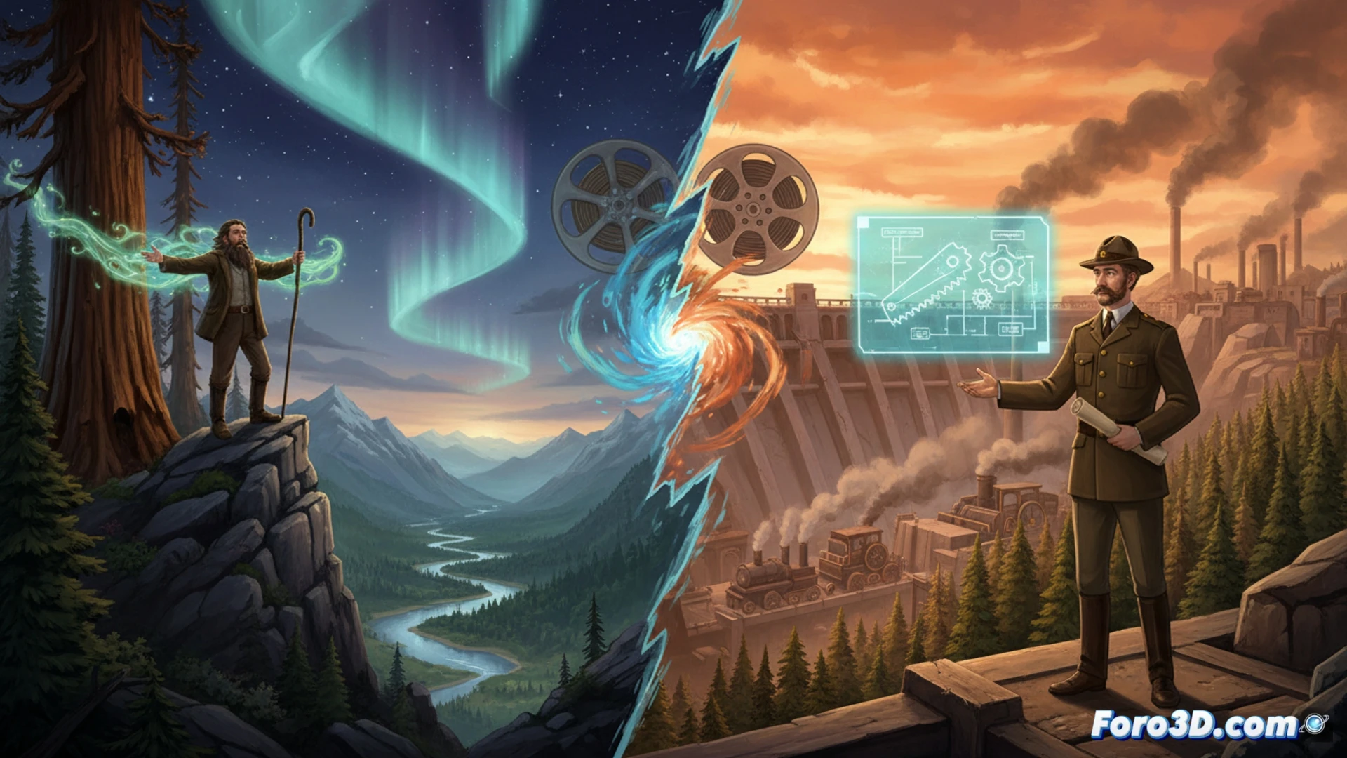 Descripción: Un anciano Muir, con barba blanca, observa un bosque etéreo donde árboles y rocas brillan con vida. A su lado, Pinchot, con traje, proyecta un mapa de desarrollo sostenible.