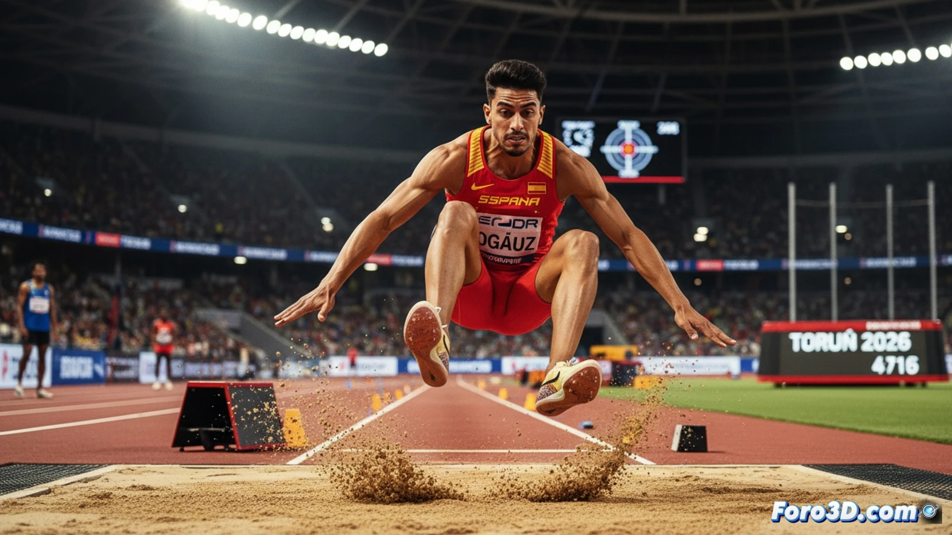 Atleta español en pleno triple salto, concentrado, con el estadio cubierto de Liévin y rivales al fondo. Busca la marca para el Mundial.