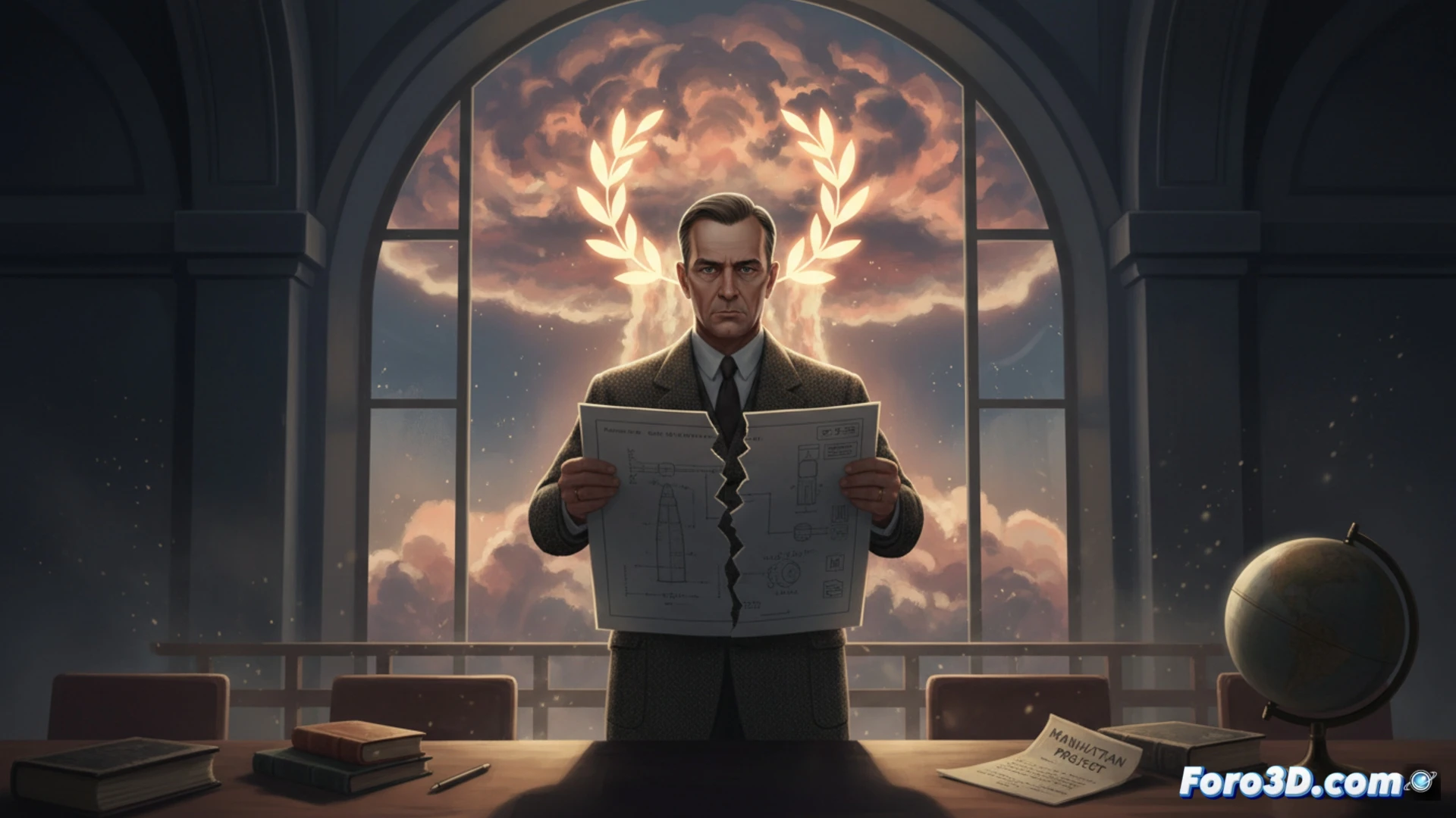 Un hombre mayor, sereno y de mirada firme, sostiene un símbolo de la paz frente a un fondo con el destello borroso de una explosión atómica.