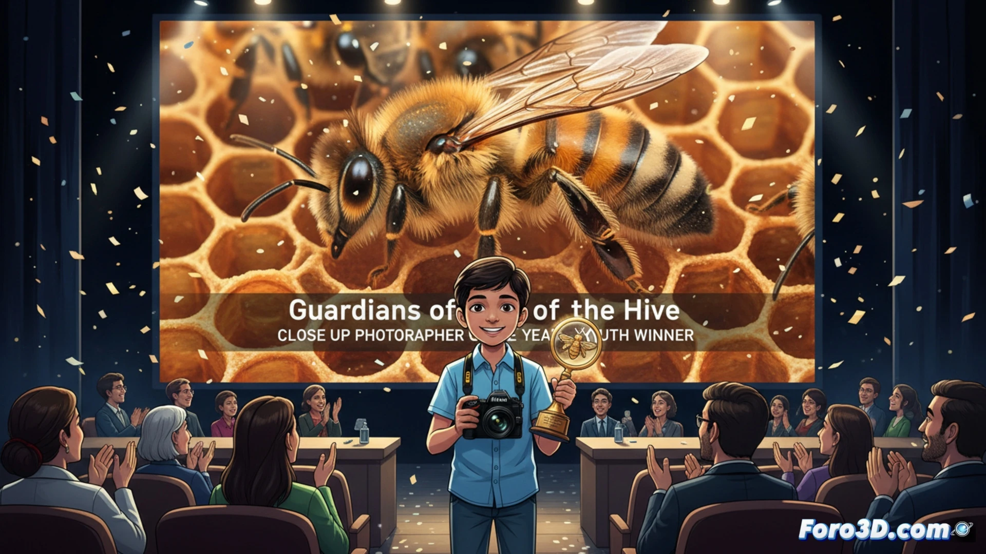 Un adolescente enfoca con su Nikon D850 un panal, capturando el detalle microscópico de abejas guardianas en su entrada hexagonal.