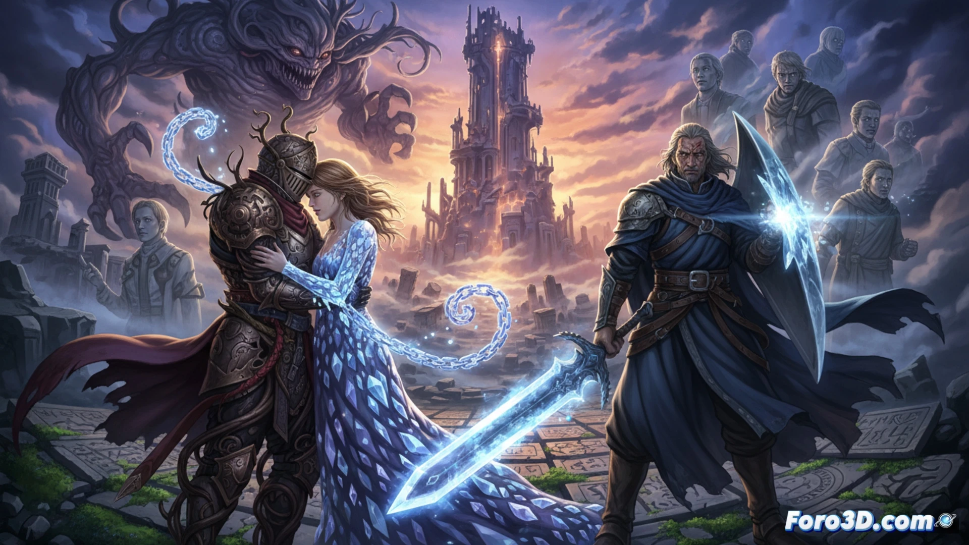 Un guerrero sostiene una llave antigua frente a una torre retorcida, mientras recuerdos de batallas y un lazo rojo flotan a su alrededor.