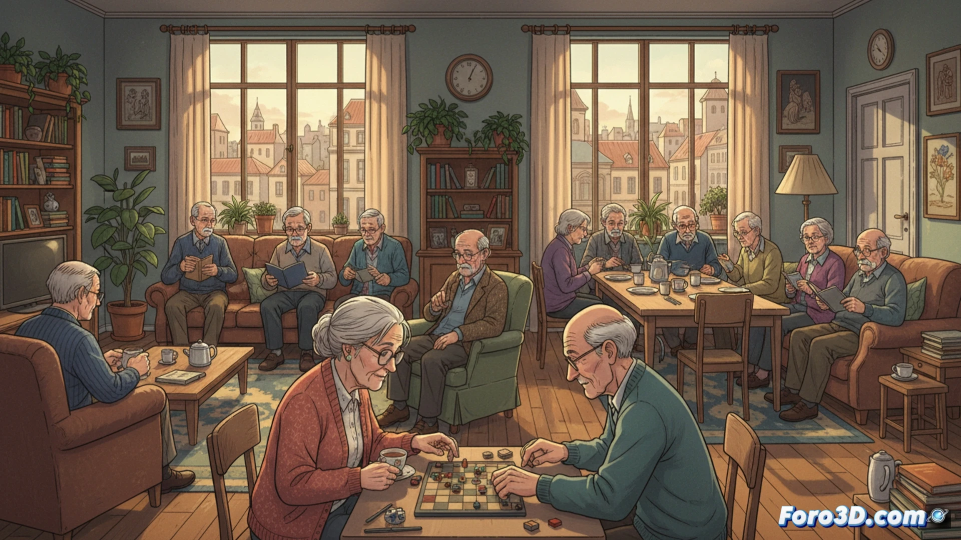 Dos ancianos en cocina modesta, compartiendo té con expresión resignada, reflejando convivencia por necesidad económica.