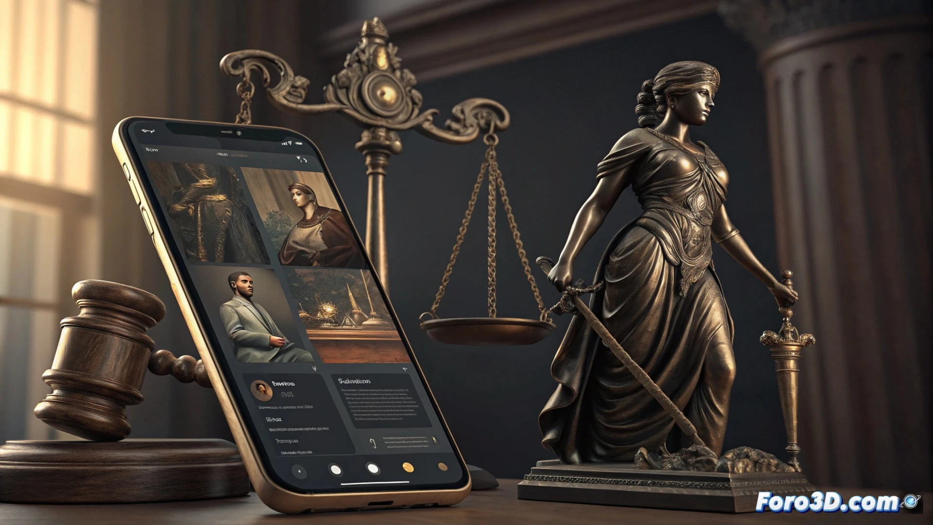 Una mujer sostiene un smartphone que proyecta datos sobre linchamientos históricos y grabaciones actuales de brutalidad policial, fusionando pasado y presente en una interfaz digital.