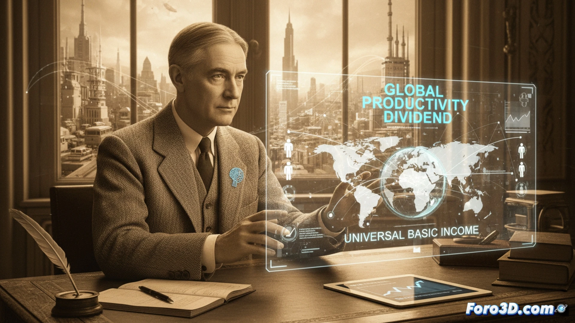 Un robot industrial entrega monedas a manos diversas sobre un gráfico de productividad en alza, simbolizando un dividendo universal financiado por la IA.