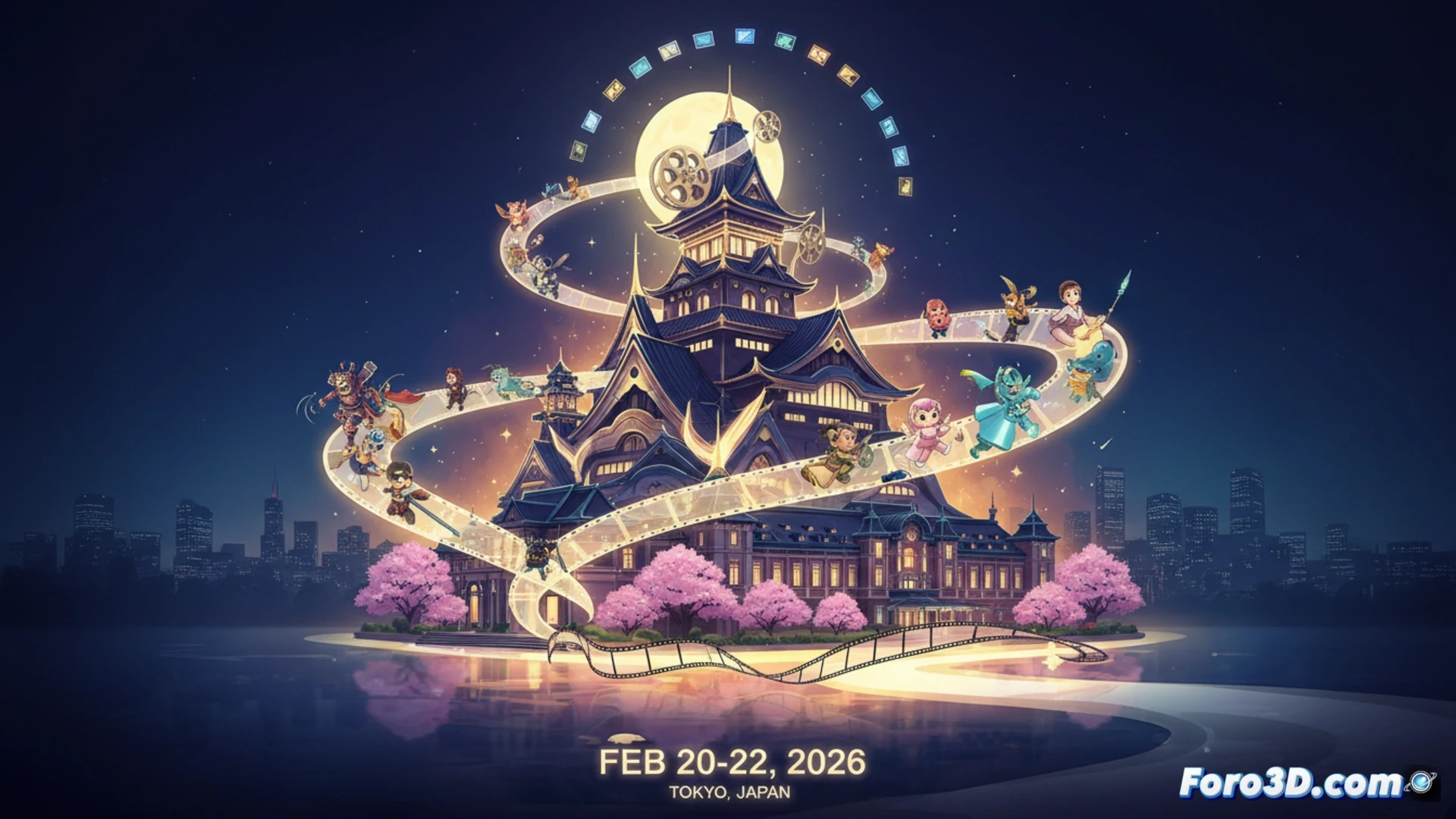 Un escenario nocturno en Kichijoji, con el cartel luminoso del KIAFF 2026 sobre un cine, rodeado de proyecciones de personajes animados de diversos estilos internacionales.