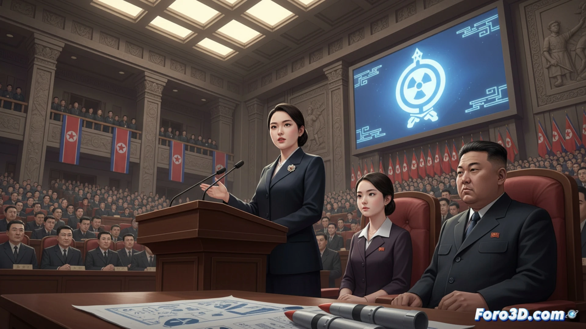 Kim Yo Jong en el congreso, ascendiendo en el poder junto a retratos de su hermano y antepasados, mientras observa documentos nucleares.